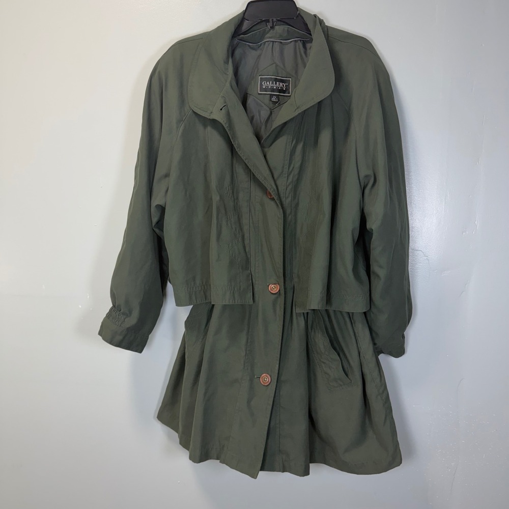 Gallery Woman Vintage Olive Green Tiered Trench Coat Jacket Plus Size 2X